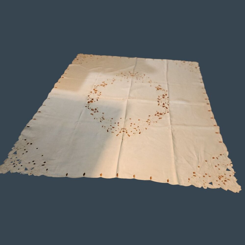 Victorian Cutwork Embroidered Butterfly & Floral Tablecloth 80"x 104"